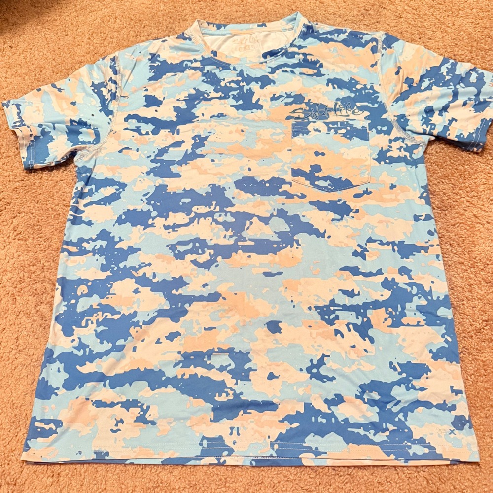 Salt Life SLX Mens Medium Blue Digital Camo Performance Fishing Shirt Pocket Tee